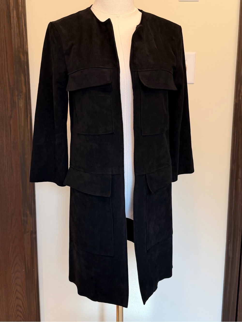 H&M Black Long Suede Pocket Trench Coat